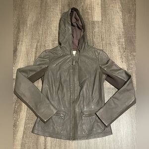 Hinge Full Zip, Hooded Leather Jacket. Grey color. Women’s XXS